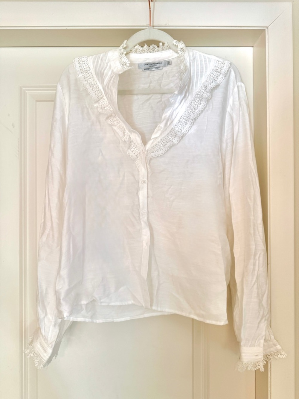 White Lace-Trim Button Front Blouse